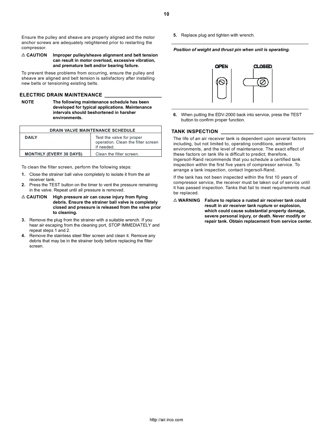 Ingersoll-Rand 15T, 3000, 7100, 2475 Electric Drain Maintenance, Tank Inspection, Intervals should beshortened in harsher 