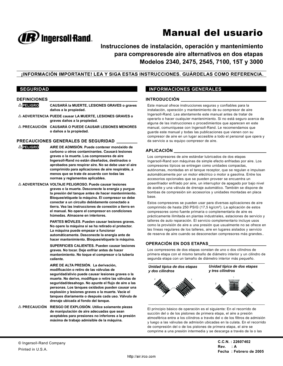 Ingersoll-Rand 7100, 3000, 2475, 2340, 15T, 2545 owner manual Informaciones Generales, Precauciones Generales DE Seguridad 