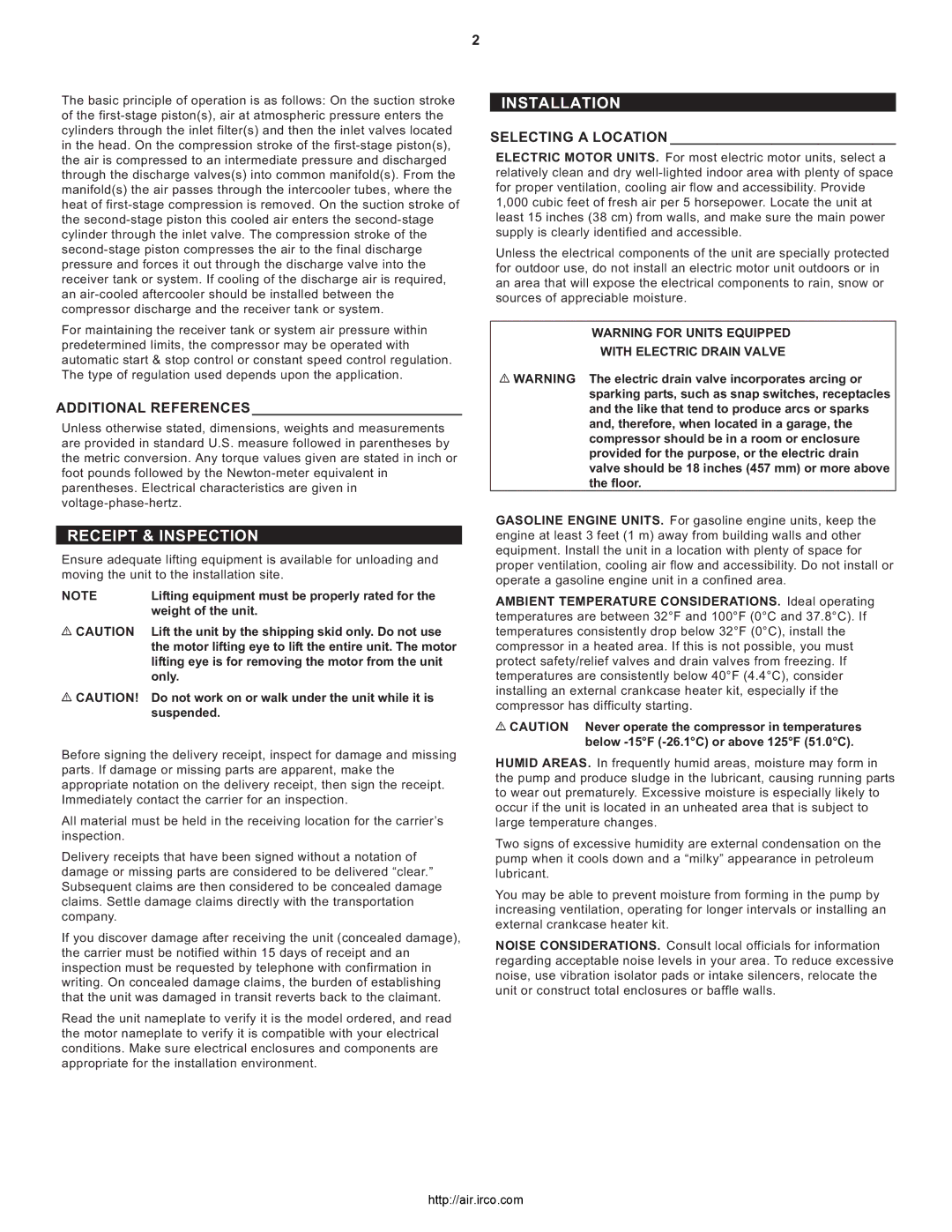 Ingersoll-Rand 2475, 3000, 7100, 2340, 15T Receipt & Inspection, Installation, Additional References, Selecting a Location 