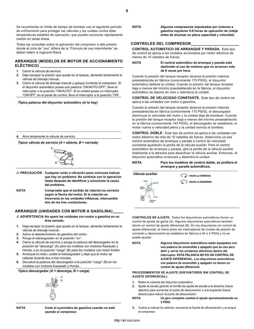Ingersoll-Rand 3000, 7100, 2475, 2340, 15T, 2545 owner manual Controles DEL Compresor, Arranque Unidades CON Motor a Gasolina 