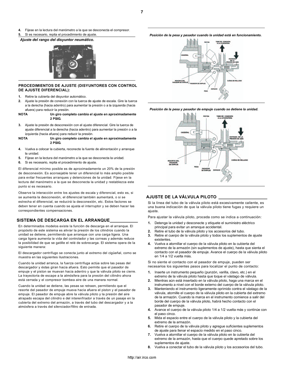 Ingersoll-Rand 7100, 3000, 2475, 2340, 15T, 2545 owner manual Sistema DE Descarga EN EL Arranque, Ajuste DE LA Válvula Piloto 