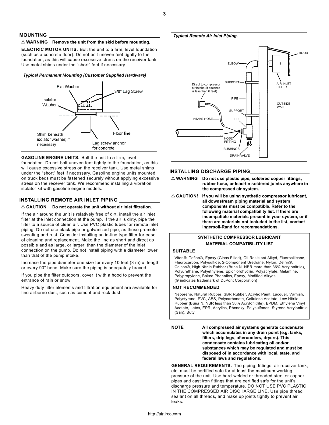 Ingersoll-Rand 2340, 3000, 7100, 2475, 15T, 2545 Mounting, Installing Remote AIR Inlet Piping, Installing Discharge Piping 