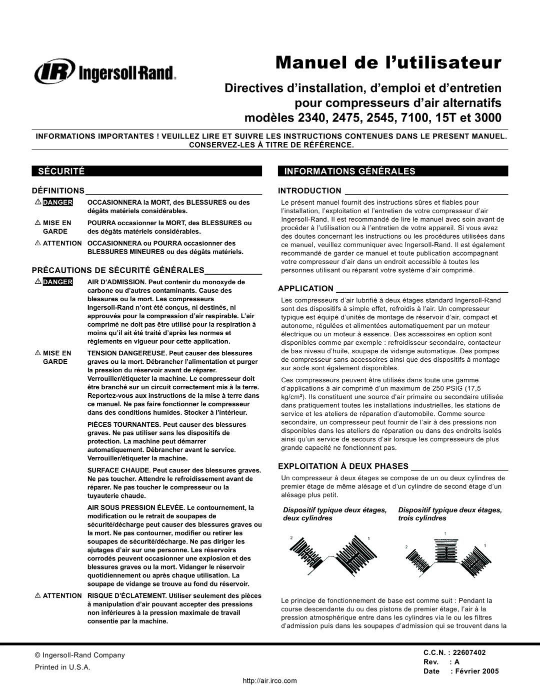 Ingersoll-Rand 7100 Informations Générales, Définitions, Précautions DE Sécurité Générales, Exploitation À Deux Phases 