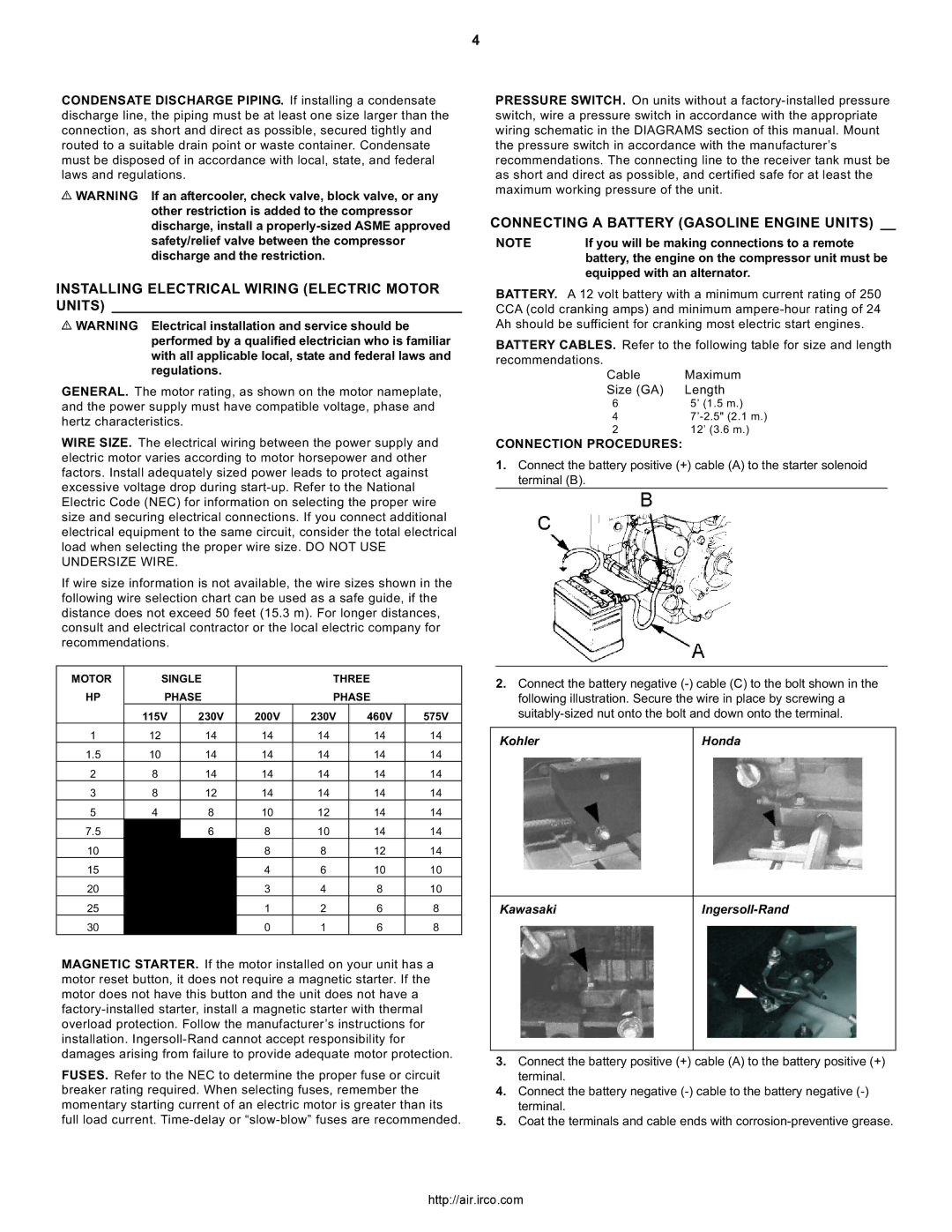 Ingersoll-Rand 15T Installing Electrical Wiring Electric Motor Units, Connecting a Battery Gasoline Engine Units, Kohler 