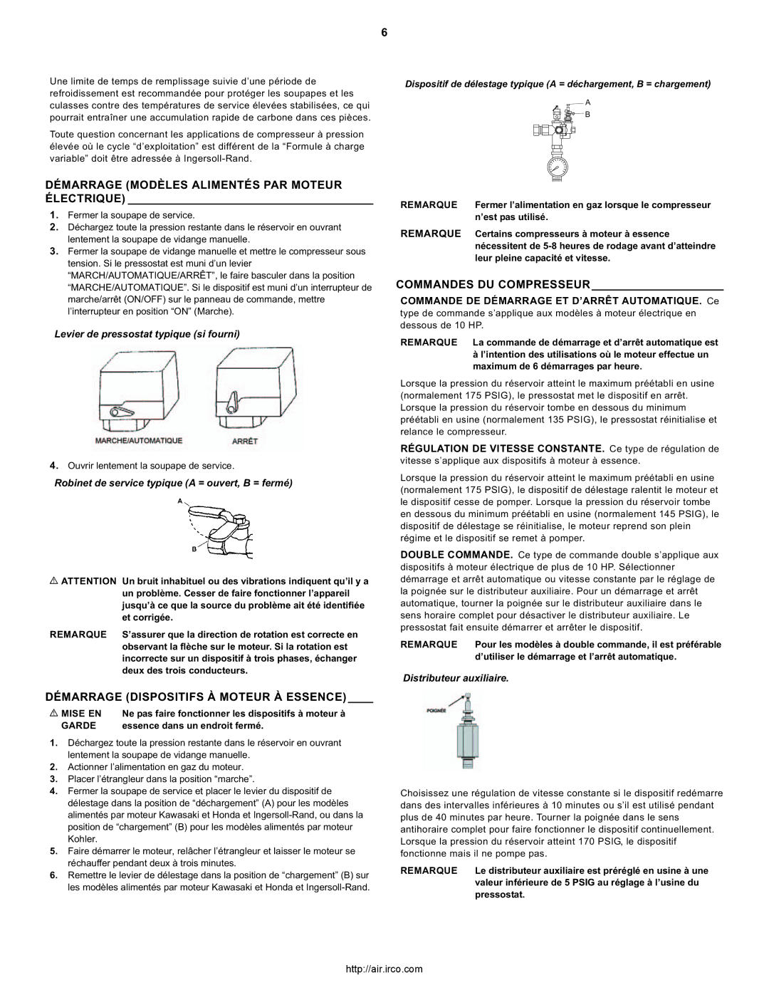 Ingersoll-Rand 3000, 7100, 2475 Démarrage Dispositifs À Moteur À Essence, Commandes DU Compresseur, Distributeur auxiliaire 