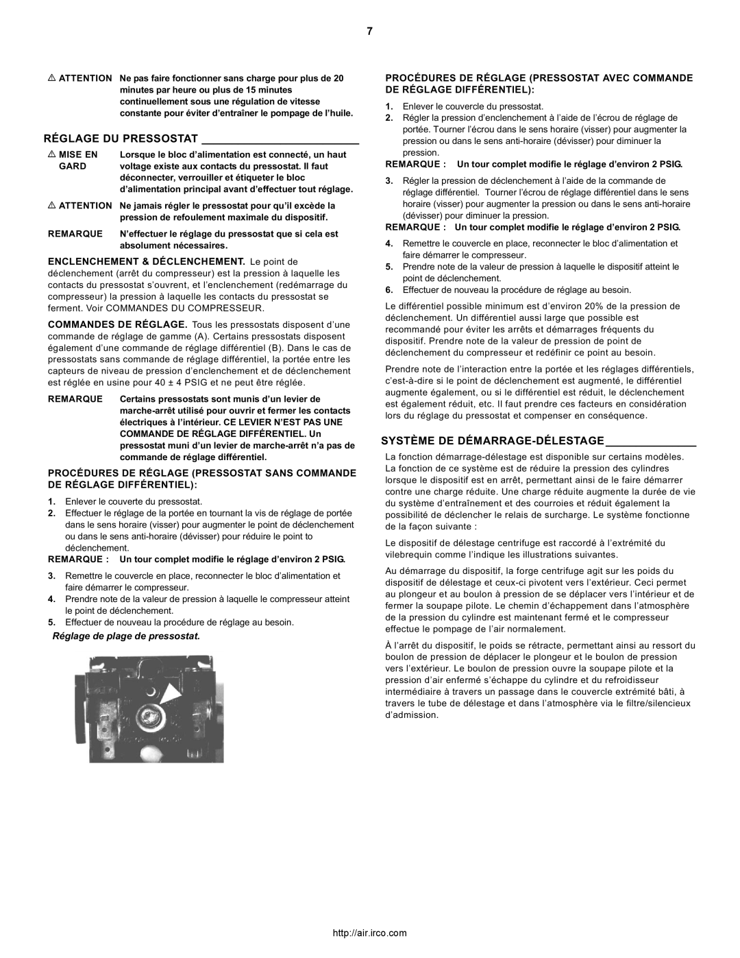 Ingersoll-Rand 7100, 3000, 2475, 2340 Réglage DU Pressostat, Système DE DÉMARRAGE-DÉLESTAGE, Réglage de plage de pressostat 