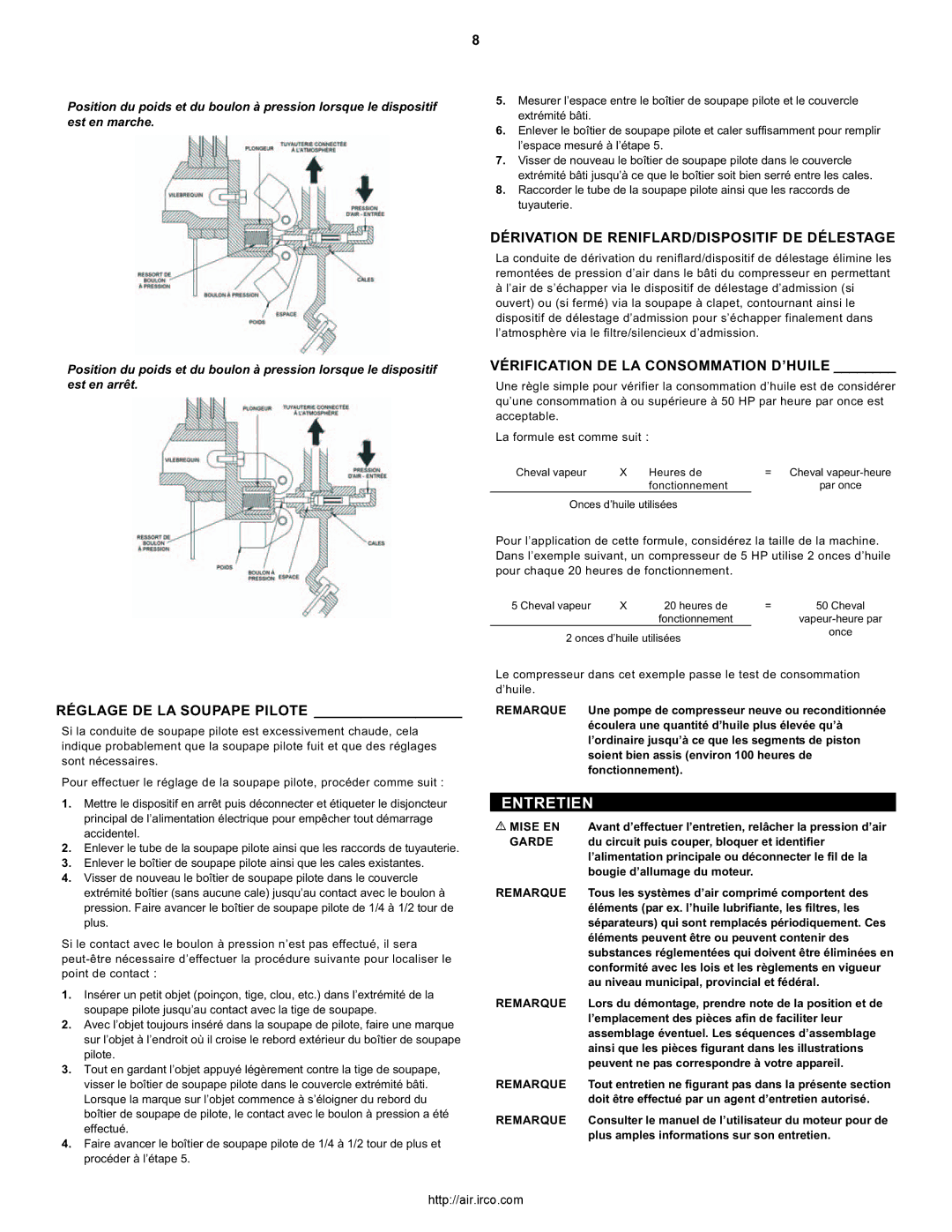 Ingersoll-Rand 2475 Entretien, Dérivation DE RENIFLARD/DISPOSITIF DE Délestage, Vérification DE LA Consommation D’HUILE 