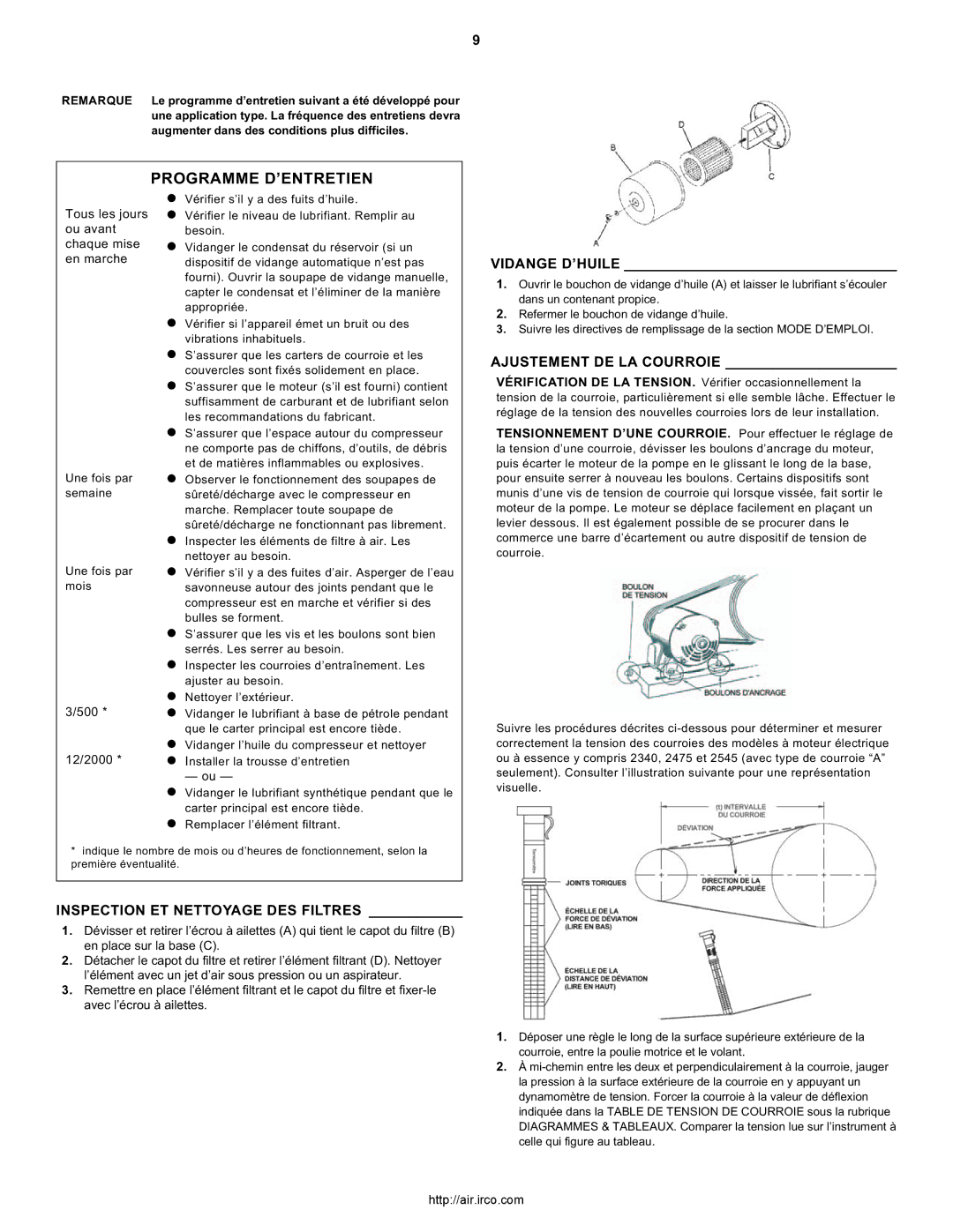 Ingersoll-Rand 2340 Programme D’ENTRETIEN, Vidange D’HUILE, Ajustement DE LA Courroie, Inspection ET Nettoyage DES Filtres 
