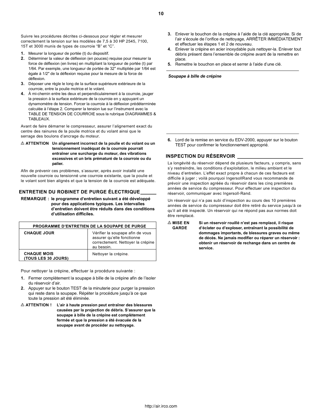 Ingersoll-Rand 15T, 3000 Entretien DU Robinet DE Purge Électrique, Inspection DU Réservoir, Soupape à bille de crépine 