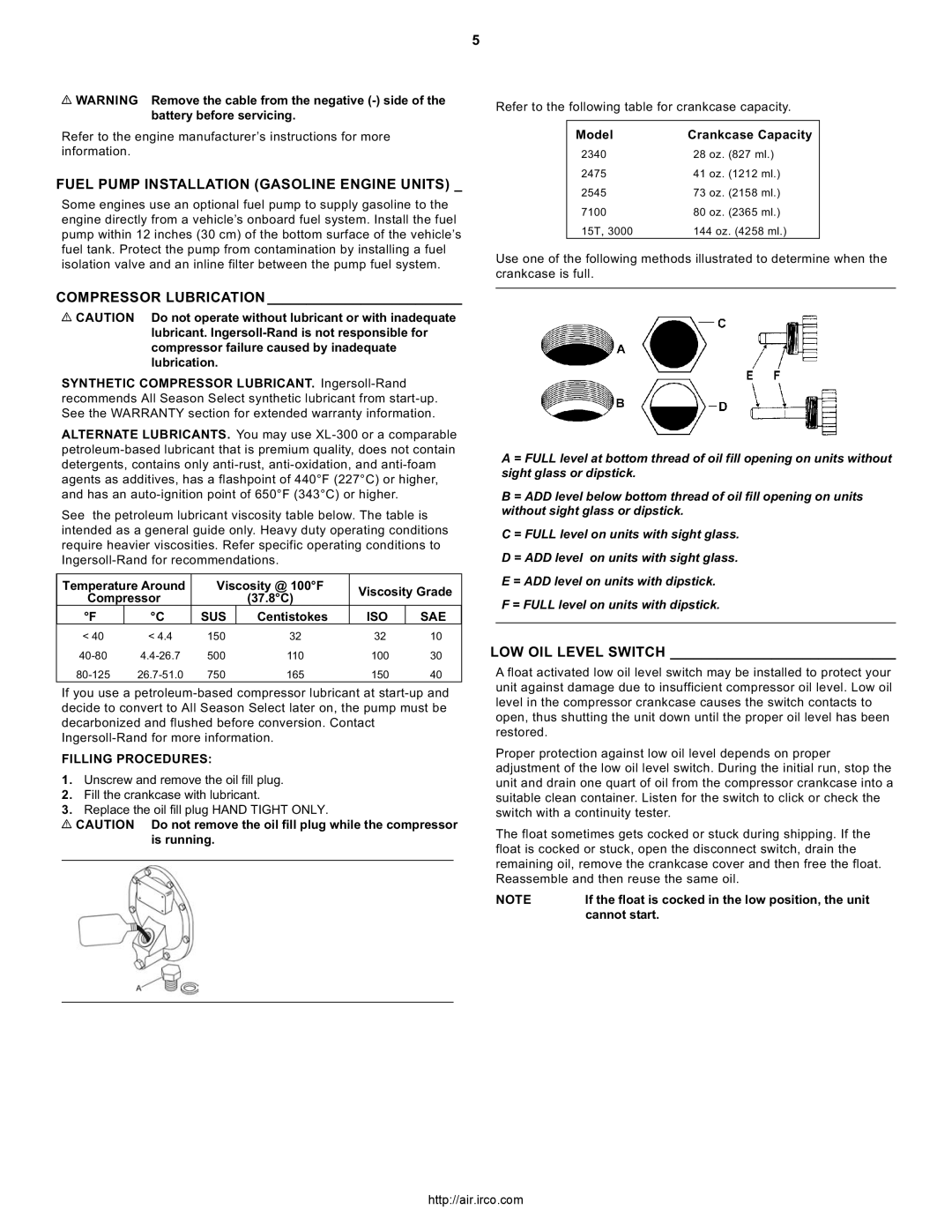 Ingersoll-Rand 2545, 3000, 7100 Fuel Pump Installation Gasoline Engine Units, Compressor Lubrication, LOW OIL Level Switch 