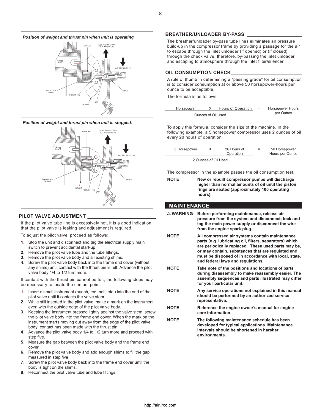 Ingersoll-Rand 2475, 3000, 7100, 2340 Maintenance, Breather/Unloader By-Pass, OIL Consumption Check, Pilot Valve Adjustment 