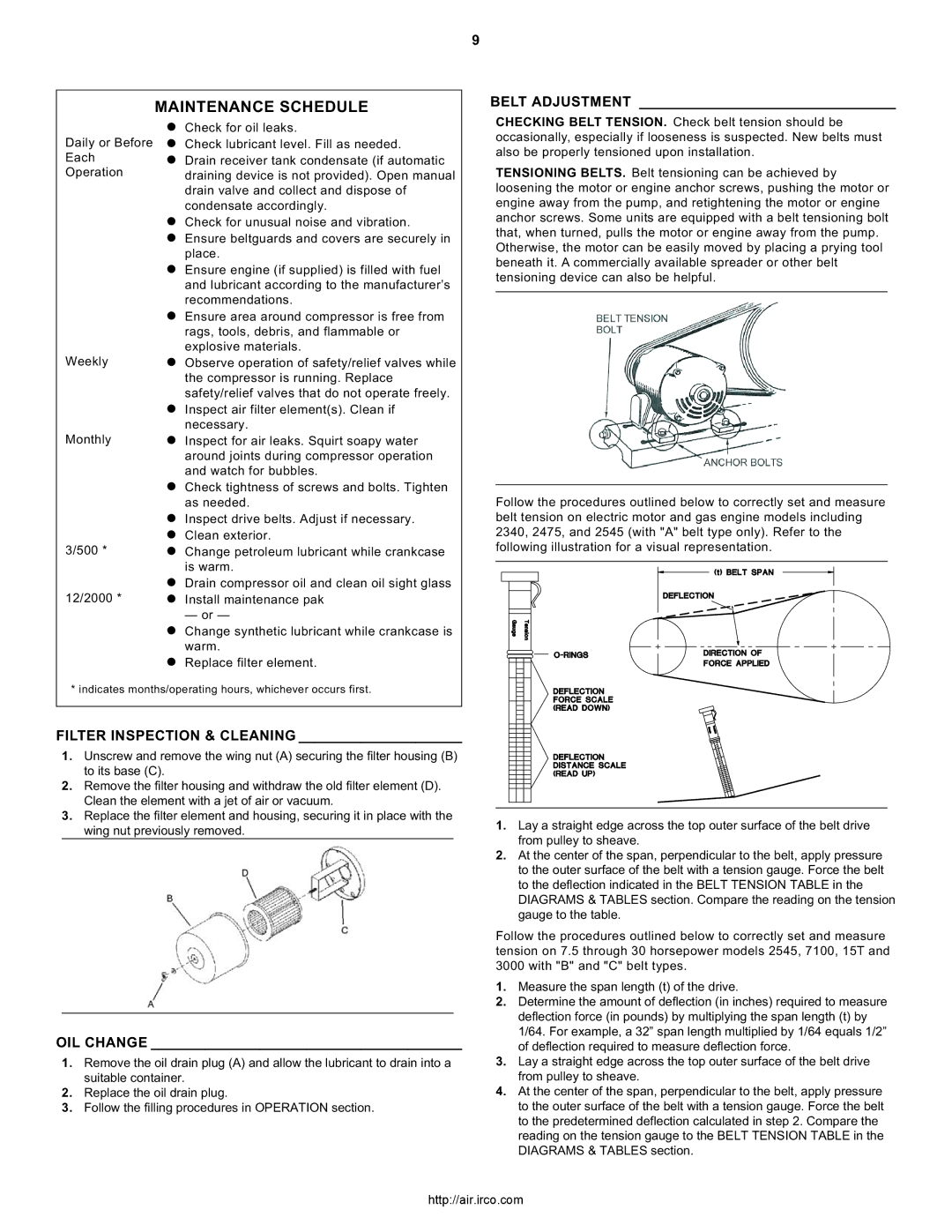 Ingersoll-Rand 2340, 3000, 7100, 2475, 15T Maintenance Schedule, Belt Adjustment, Filter Inspection & Cleaning, OIL Change 