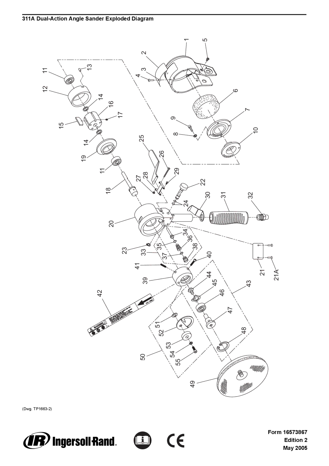 Ingersoll-Rand manual 3634, 21A, 311A Dual-Action Angle Sander Exploded Diagram 