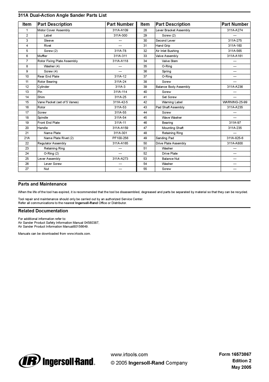 Ingersoll-Rand 311A manual Parts and Maintenance, Related Documentation, Form, Edition, May 