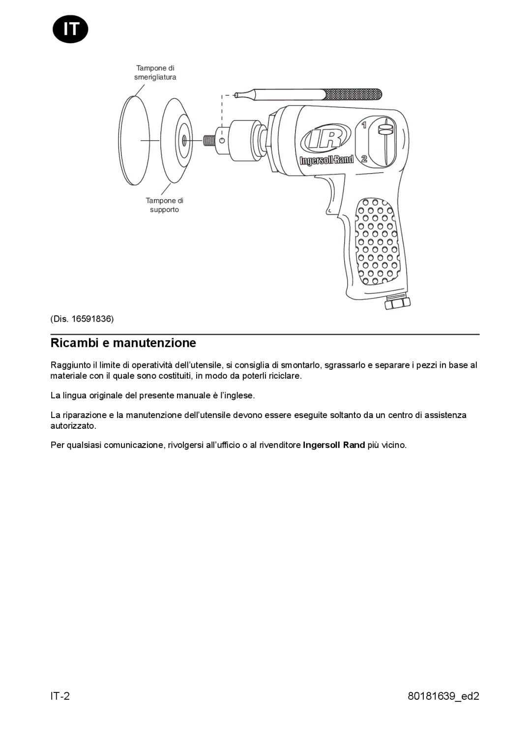 Ingersoll-Rand 3128 manual Ricambi e manutenzione 