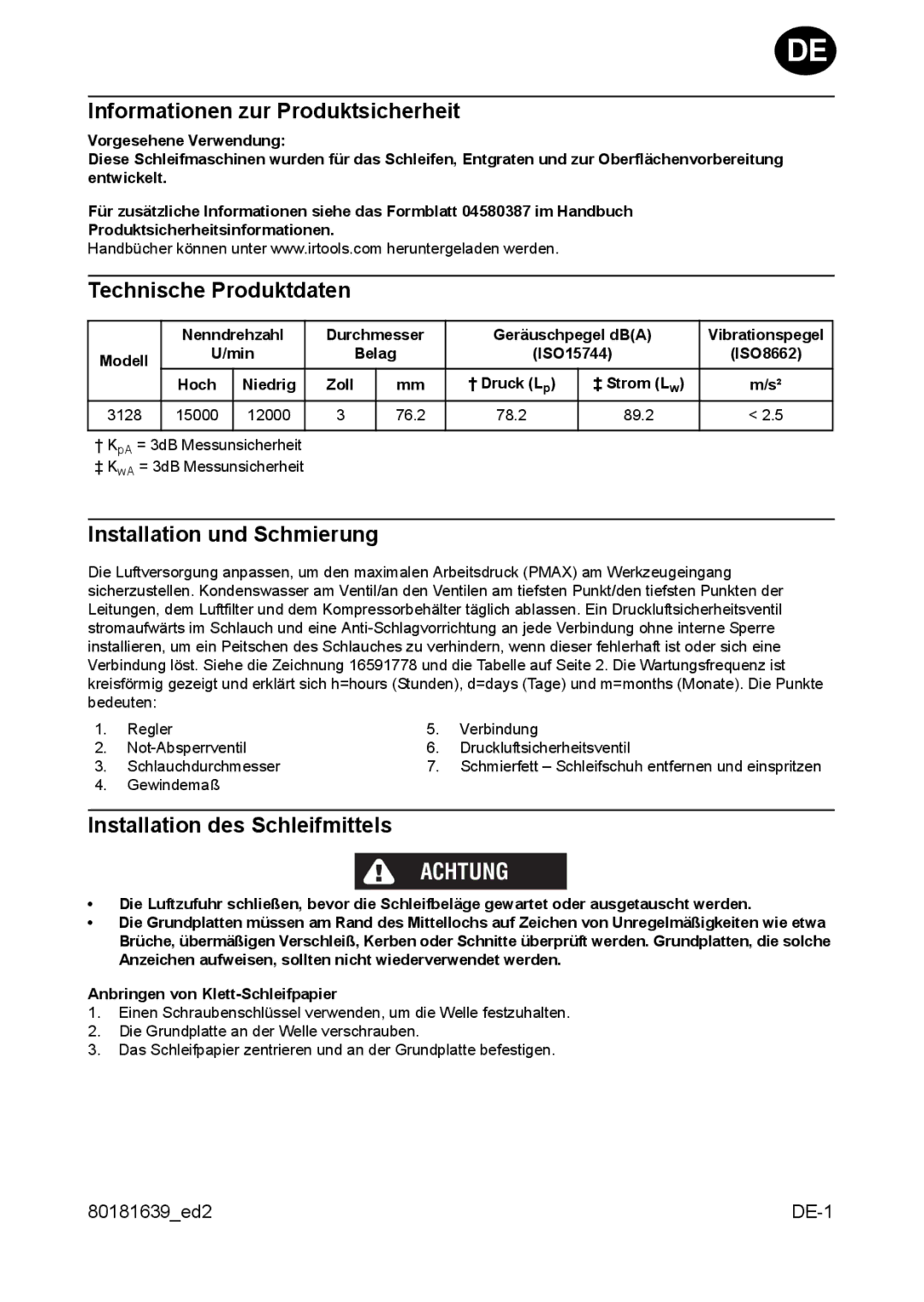 Ingersoll-Rand 3128 manual Informationen zur Produktsicherheit, Technische Produktdaten, Installation und Schmierung 