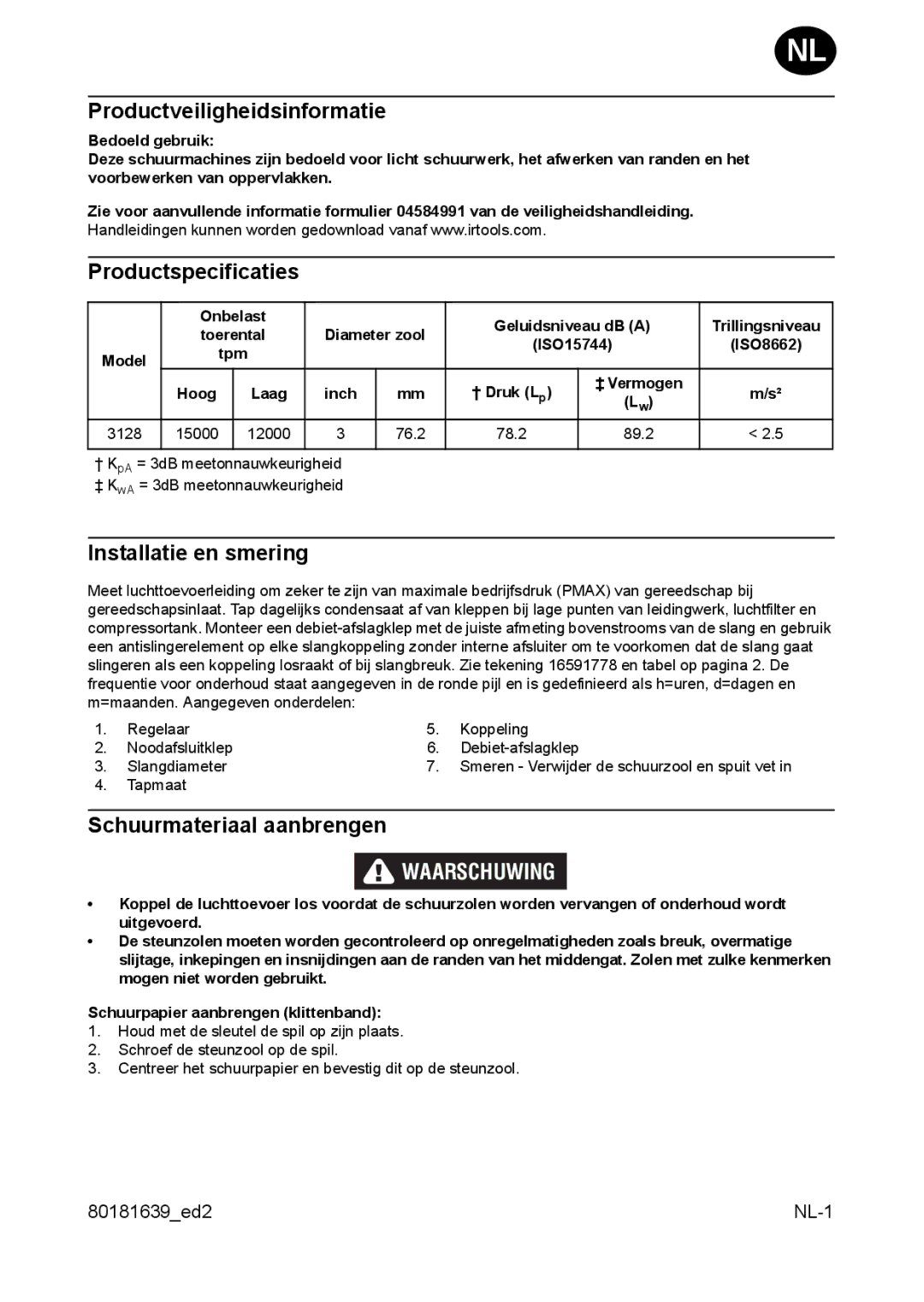 Ingersoll-Rand 3128 Productveiligheidsinformatie, Productspecificaties, Installatie en smering, Schuurmateriaal aanbrengen 