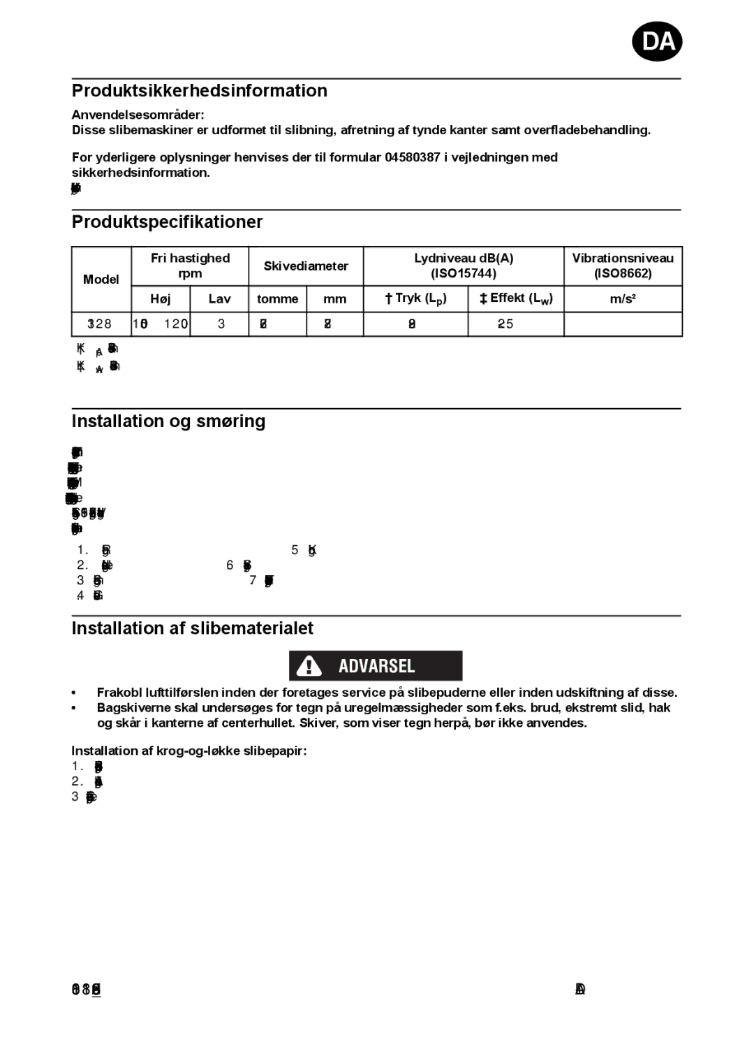 Ingersoll-Rand 3128 manual Produktsikkerhedsinformation, Produktspecifikationer, Installation og smøring 