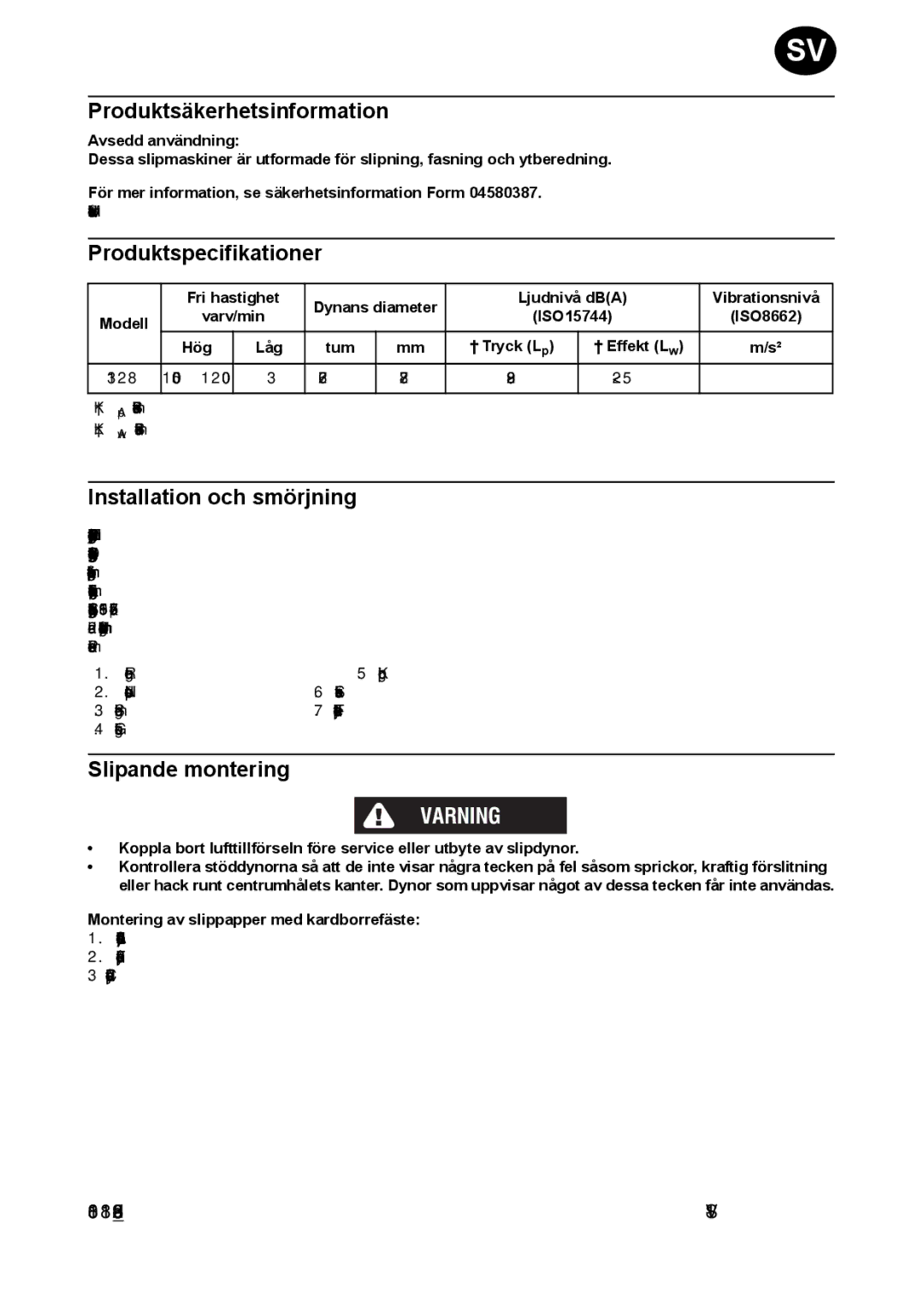 Ingersoll-Rand 3128 manual Produktsäkerhetsinformation, Installation och smörjning, Slipande montering, Varning 