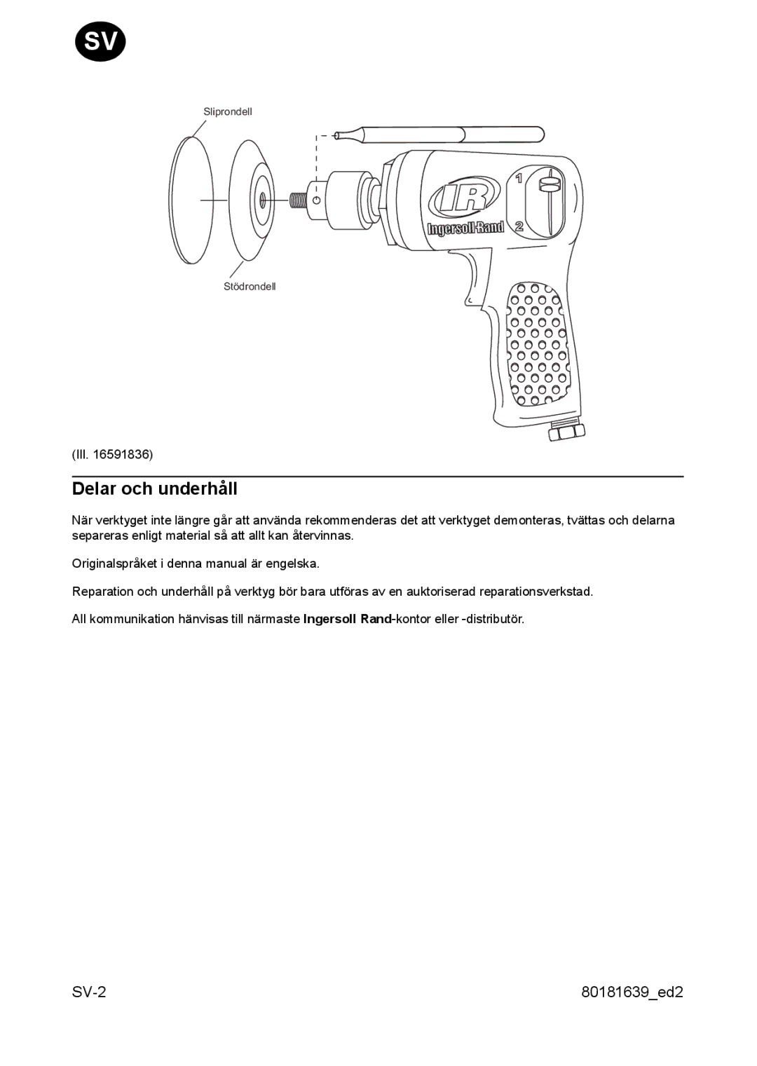 Ingersoll-Rand 3128 manual Delar och underhåll 