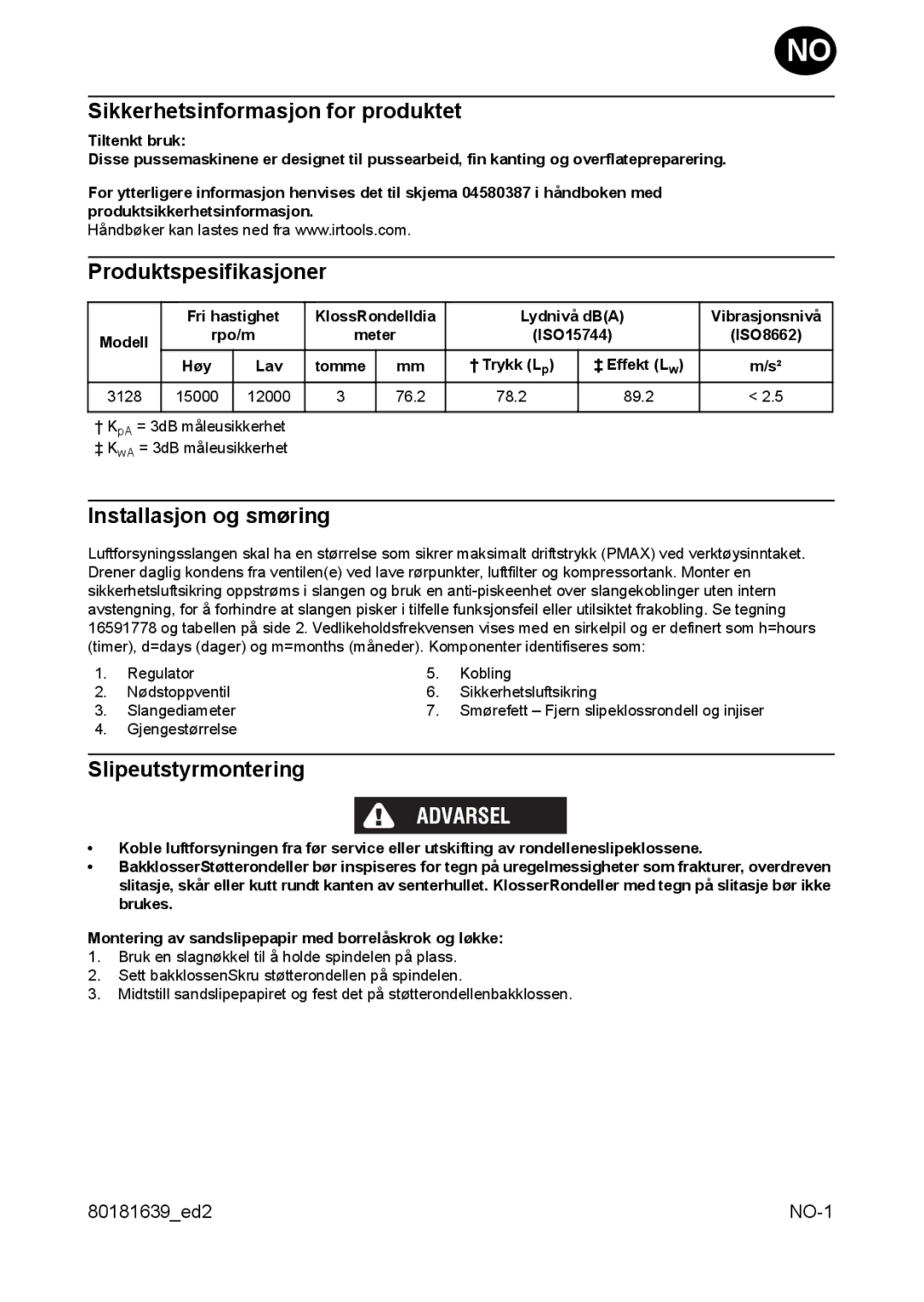 Ingersoll-Rand 3128 manual Sikkerhetsinformasjon for produktet, Produktspesifikasjoner, Installasjon og smøring 