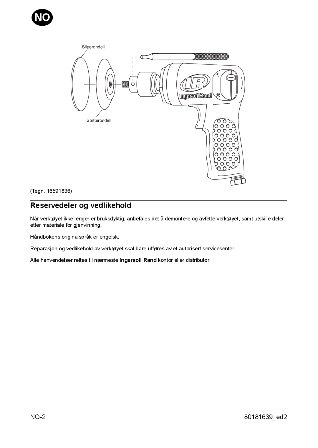 Ingersoll-Rand 3128 manual Reservedeler og vedlikehold 