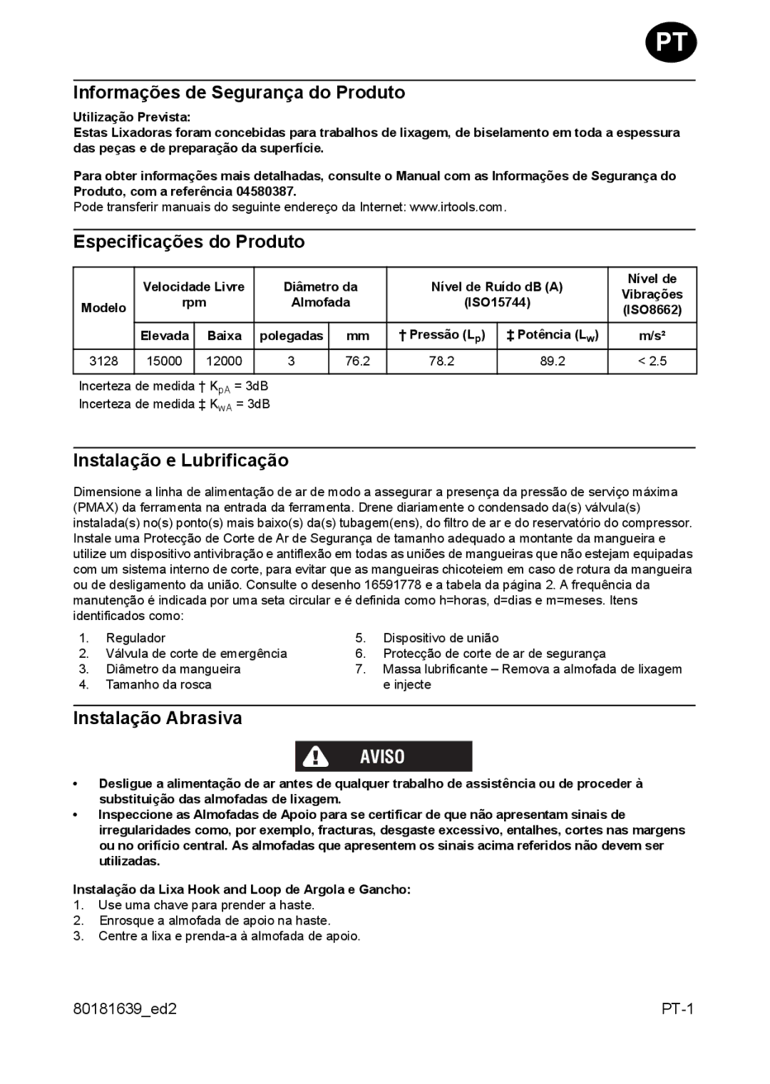 Ingersoll-Rand 3128 manual Informações de Segurança do Produto, Especificações do Produto, Instalação e Lubrificação, Aviso 