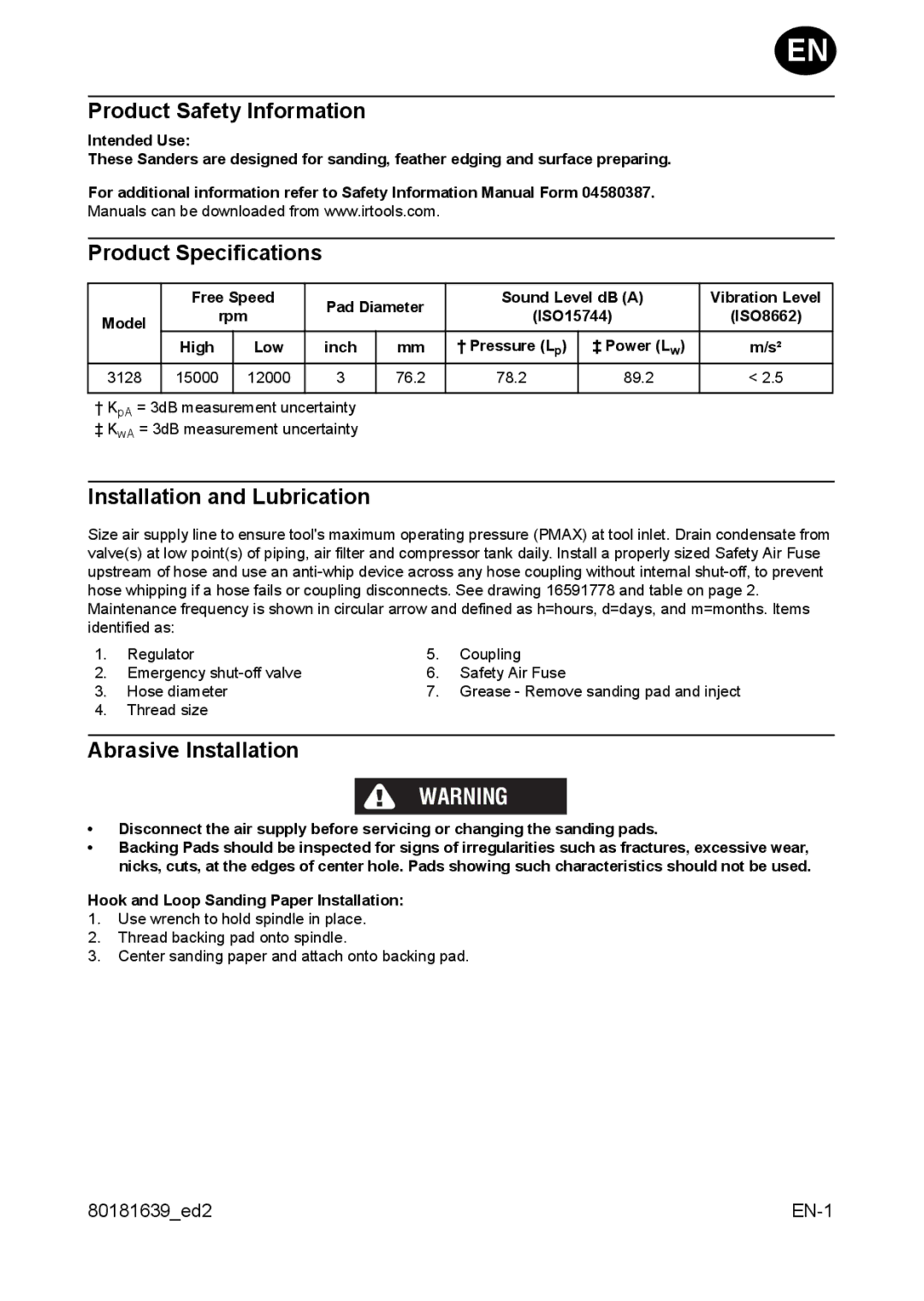 Ingersoll-Rand 3128 manual Product Safety Information, Product Specifications, Installation and Lubrication 