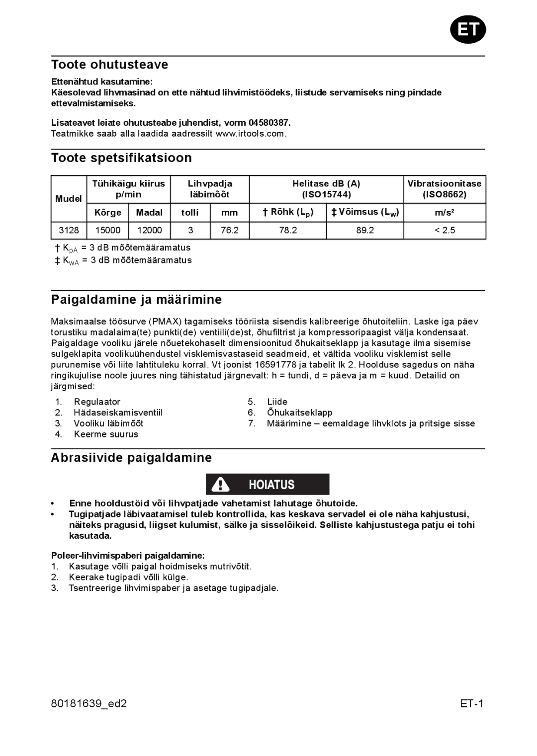 Ingersoll-Rand 3128 manual Toote ohutusteave, Toote spetsifikatsioon, Paigaldamine ja määrimine, Abrasiivide paigaldamine 