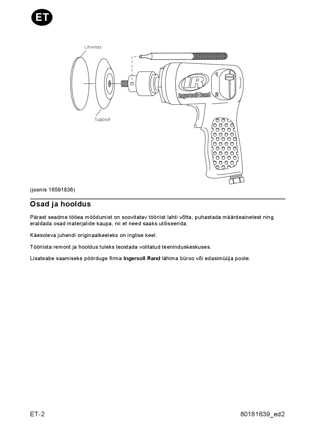 Ingersoll-Rand 3128 manual Osad ja hooldus 