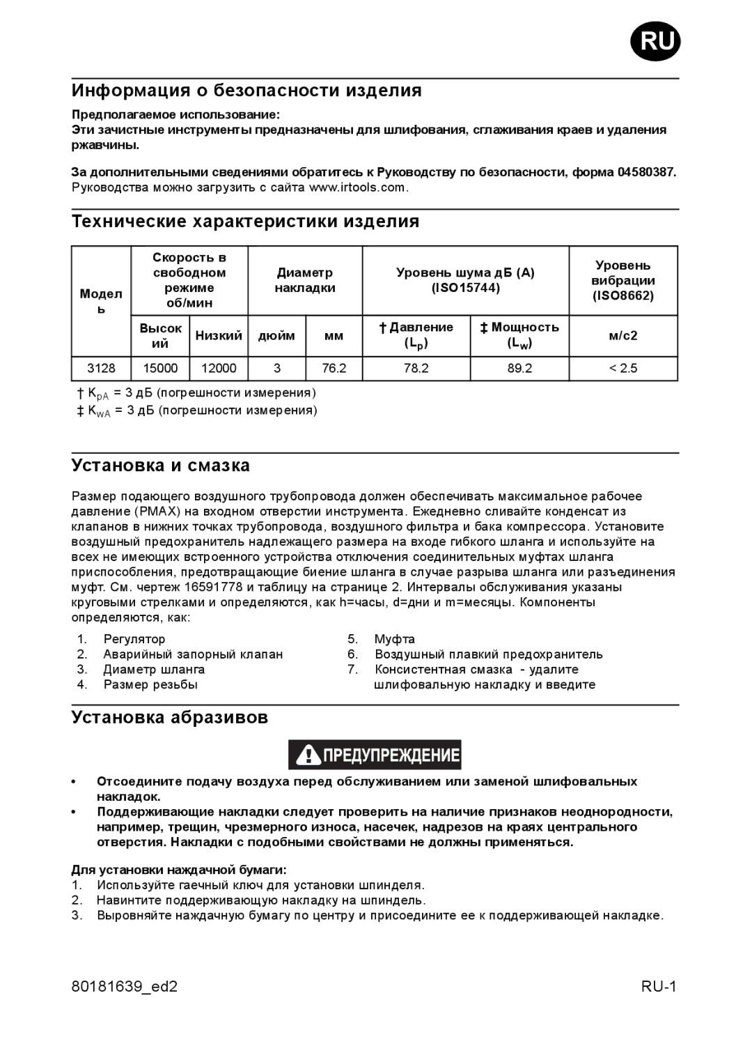 Ingersoll-Rand 3128 manual Информация о безопасности изделия, Технические характеристики изделия, Установка и смазка 