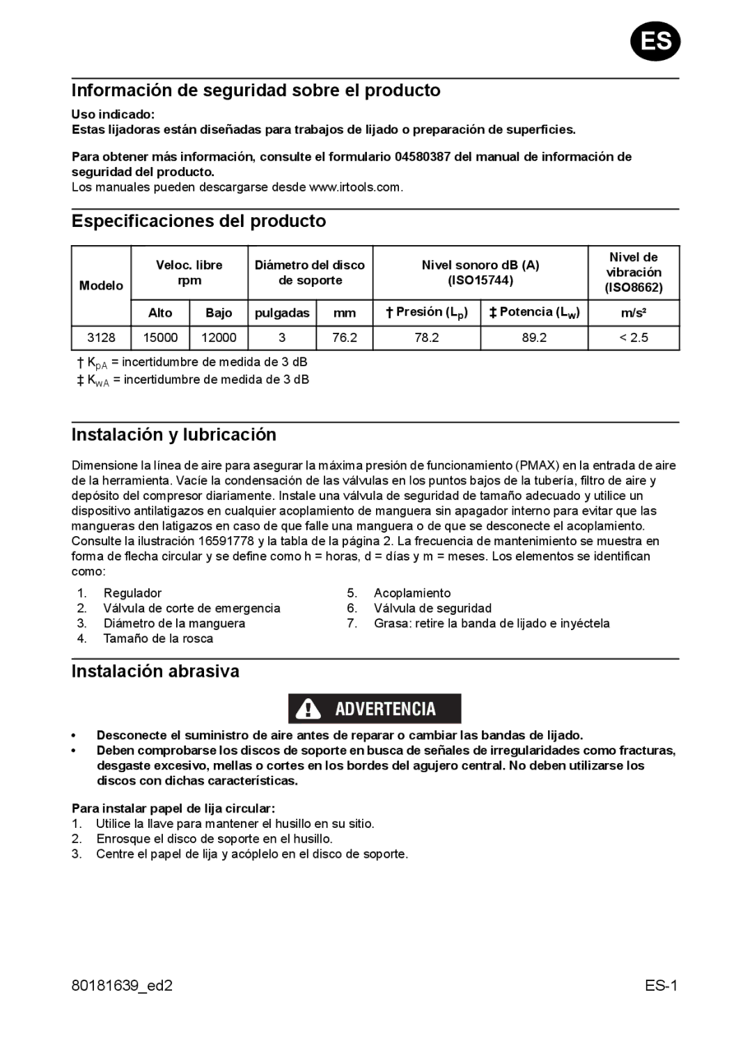 Ingersoll-Rand 3128 Información de seguridad sobre el producto, Especificaciones del producto, Instalación y lubricación 