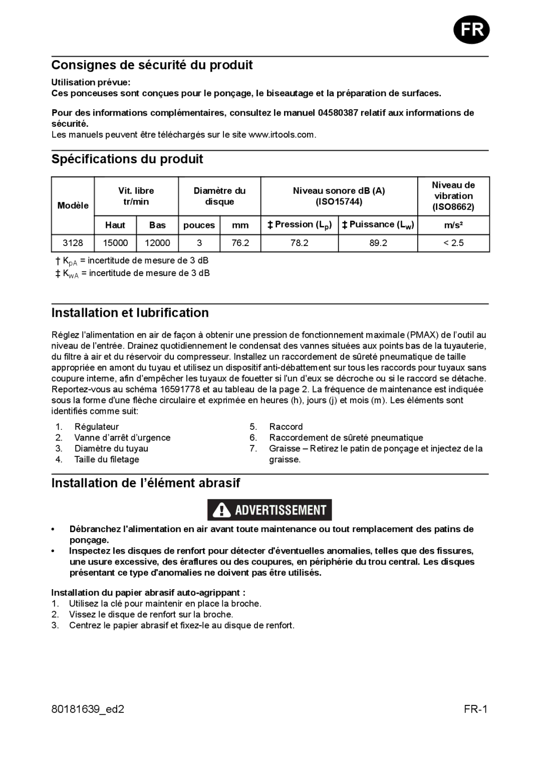 Ingersoll-Rand 3128 manual Consignes de sécurité du produit, Spécifications du produit, Installation et lubrification 