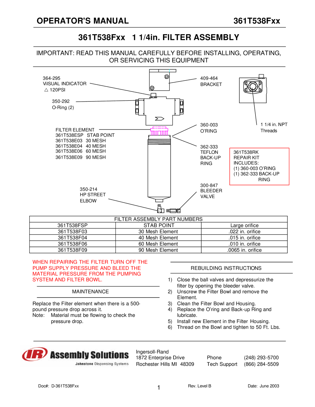 Ingersoll-Rand manual Operators Manual, 361T538Fxx 1 1/4in. Filter Assembly 