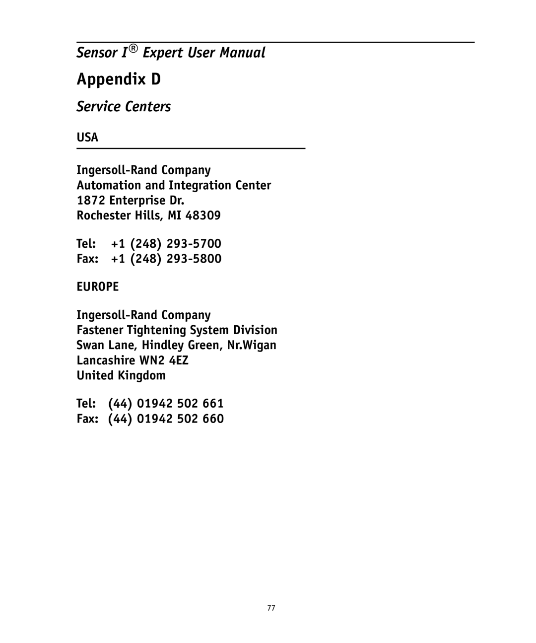 Ingersoll-Rand 4575759 user manual Appendix D, Service Centers 