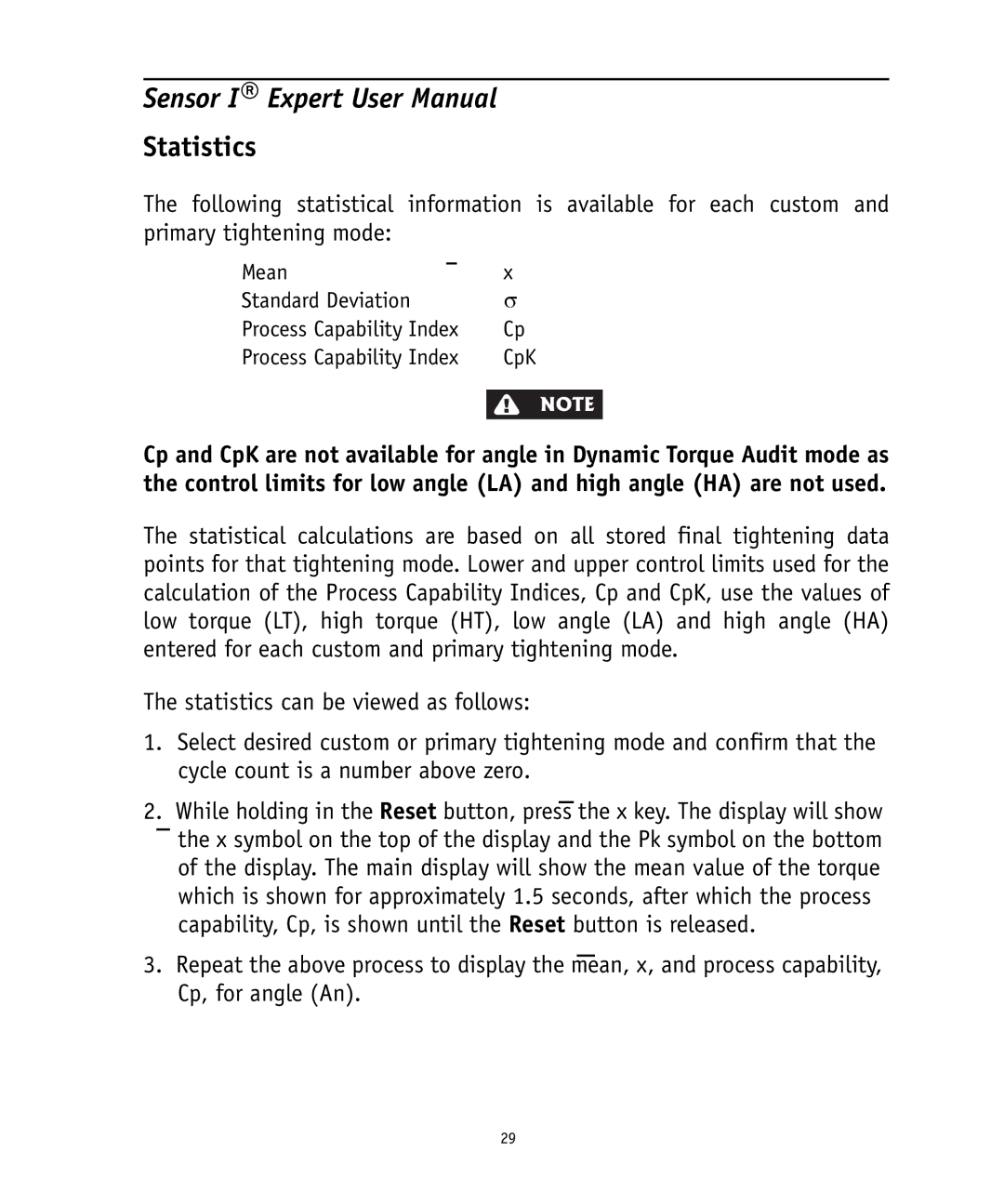 Ingersoll-Rand 4575759 user manual Statistics, Mean Standard Deviation Process Capability Index 