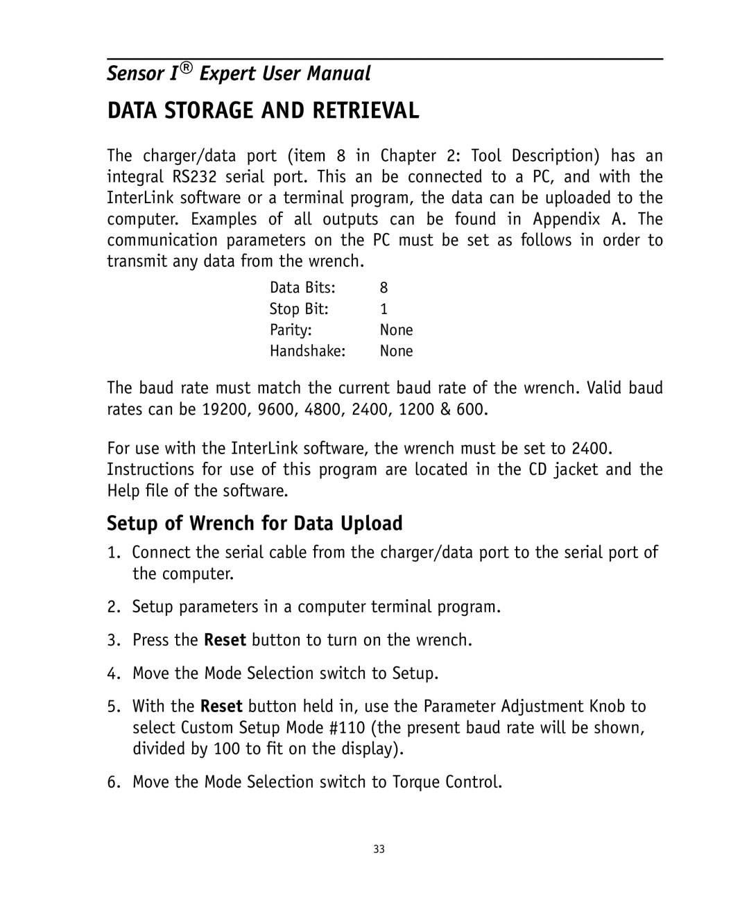 Ingersoll-Rand 4575759 user manual Data Storage and Retrieval, Setup of Wrench for Data Upload 