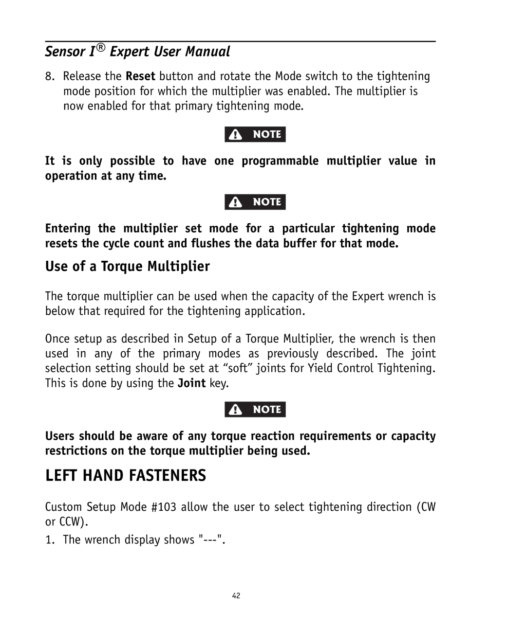 Ingersoll-Rand 4575759 user manual Left Hand Fasteners, Use of a Torque Multiplier 