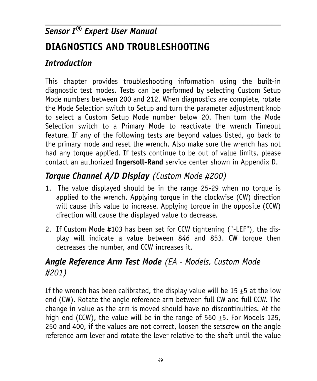 Ingersoll-Rand 4575759 Diagnostics and Troubleshooting, Introduction, Torque Channel A/D Display Custom Mode #200 