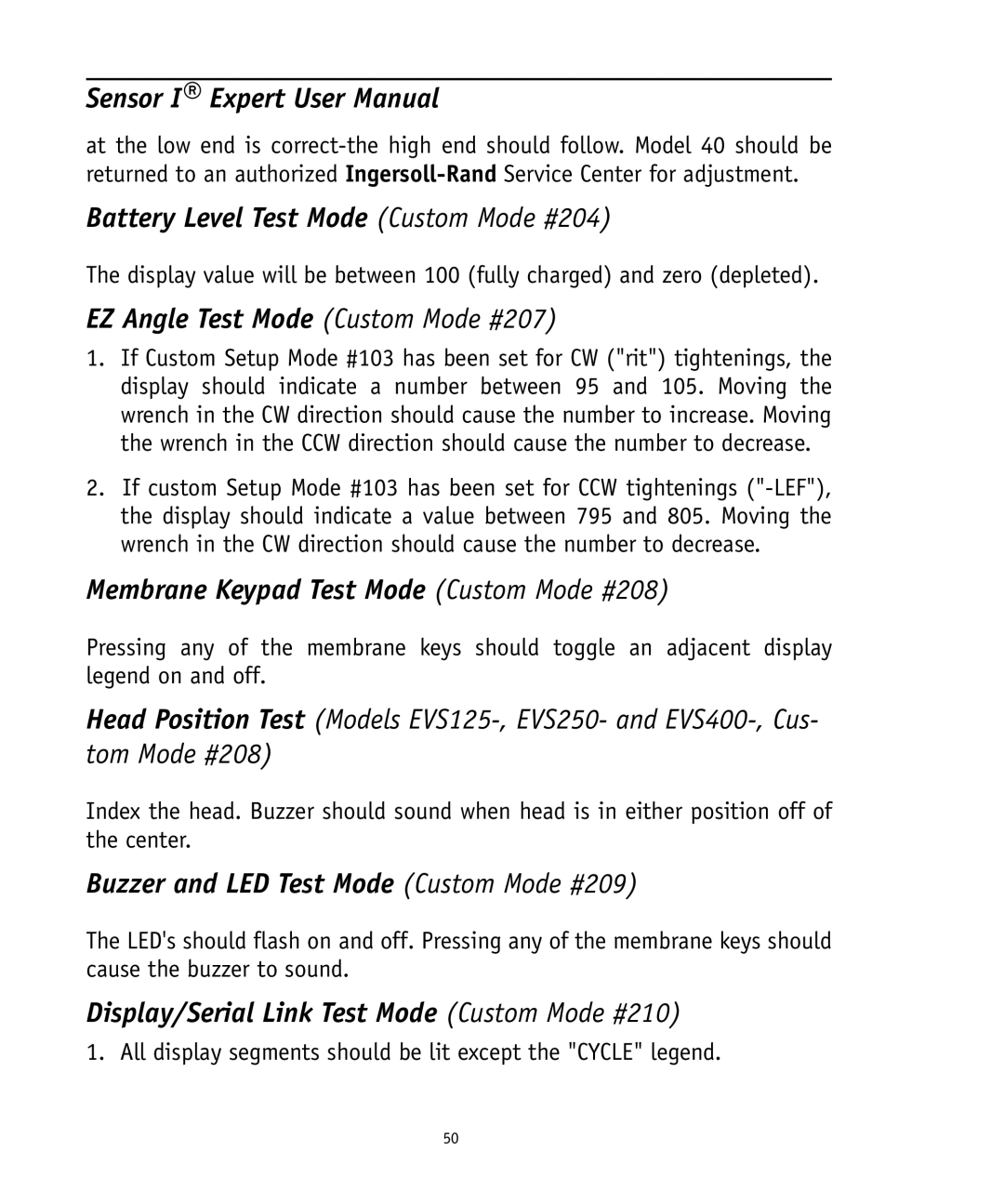 Ingersoll-Rand 4575759 user manual Battery Level Test Mode Custom Mode #204, EZ Angle Test Mode Custom Mode #207 