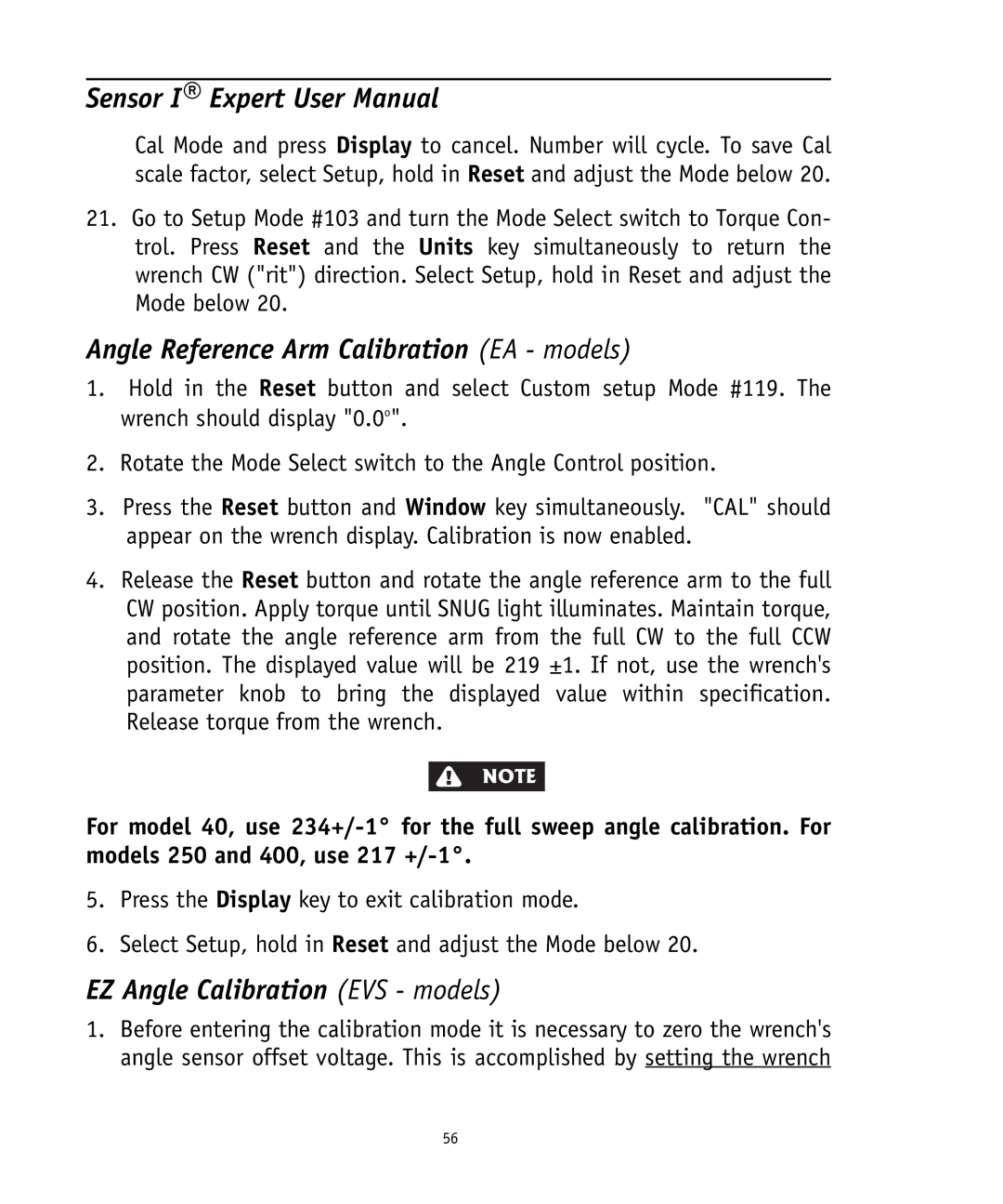 Ingersoll-Rand 4575759 user manual Angle Reference Arm Calibration EA models, EZ Angle Calibration EVS models 