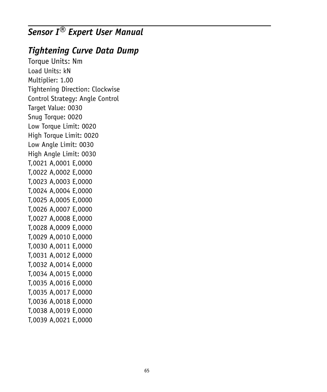 Ingersoll-Rand 4575759 user manual Tightening Curve Data Dump, Torque Units Nm 