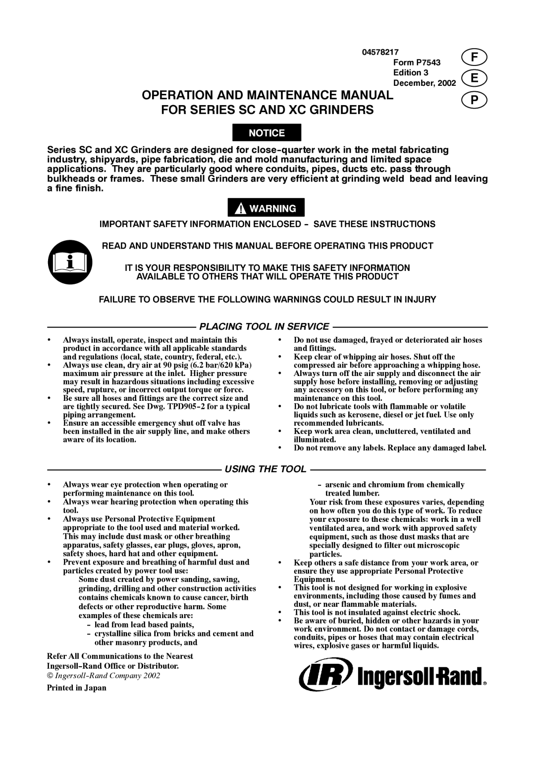 Ingersoll-Rand 4578217 manual Placing Tool in Service, Using the Tool 