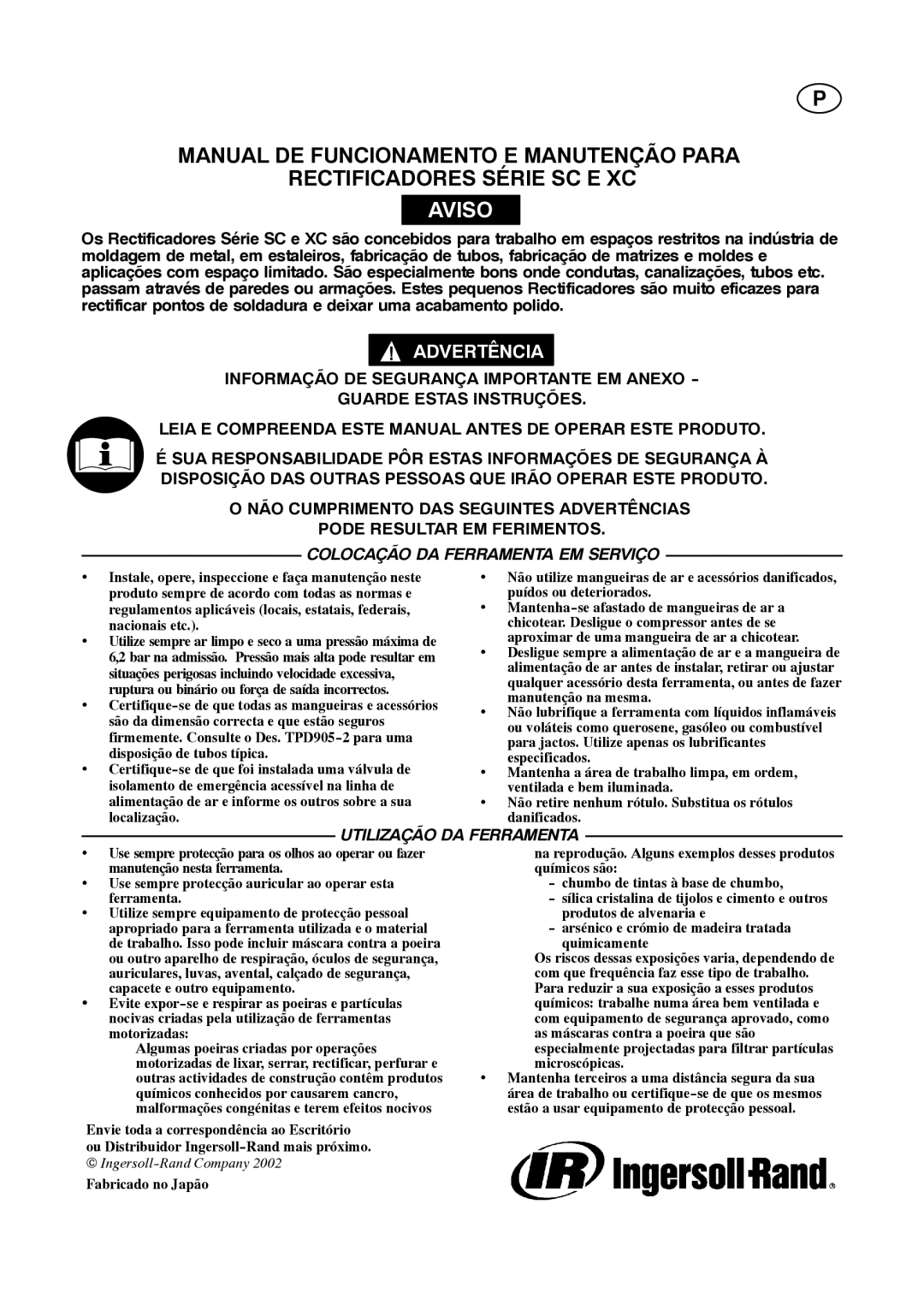 Ingersoll-Rand 4578217 manual Colocação DA Ferramenta EM Serviço 