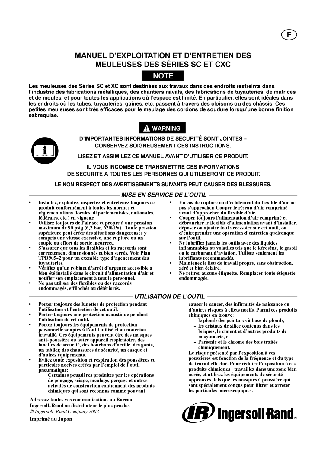 Ingersoll-Rand 4578217 manual Mise EN Service DE L’OUTIL, Utilisation DE L’OUTIL 