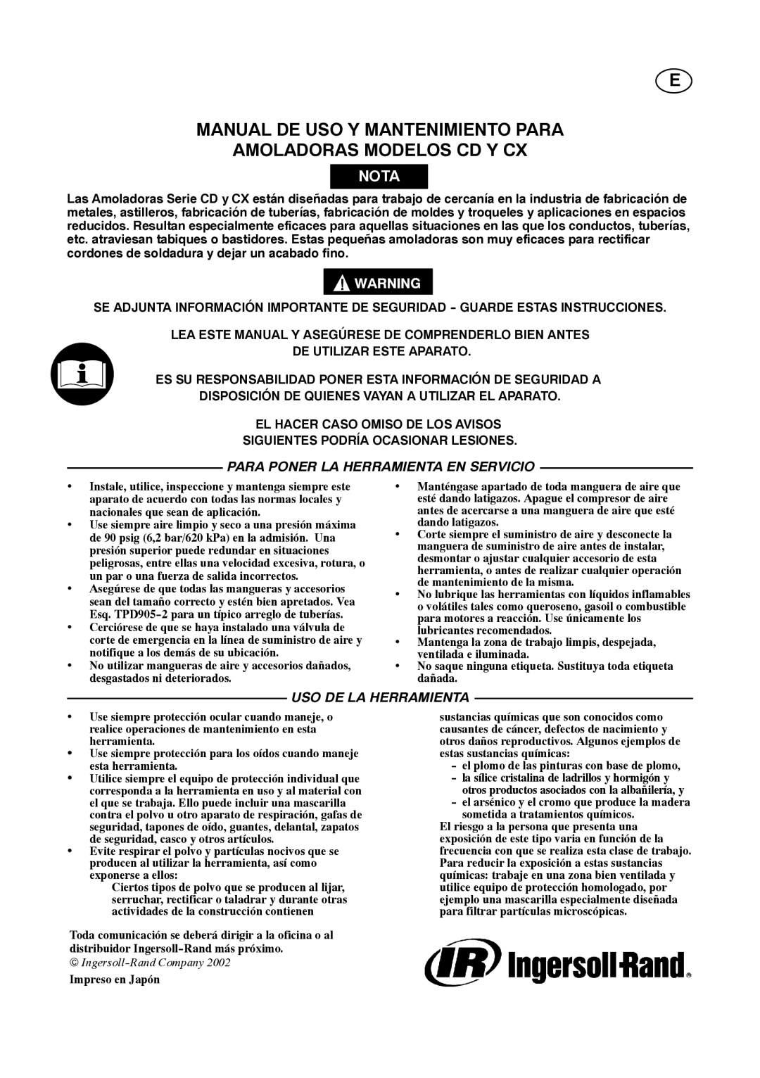 Ingersoll-Rand 4578217 manual Para Poner LA Herramienta EN Servicio, USO DE LA Herramienta 