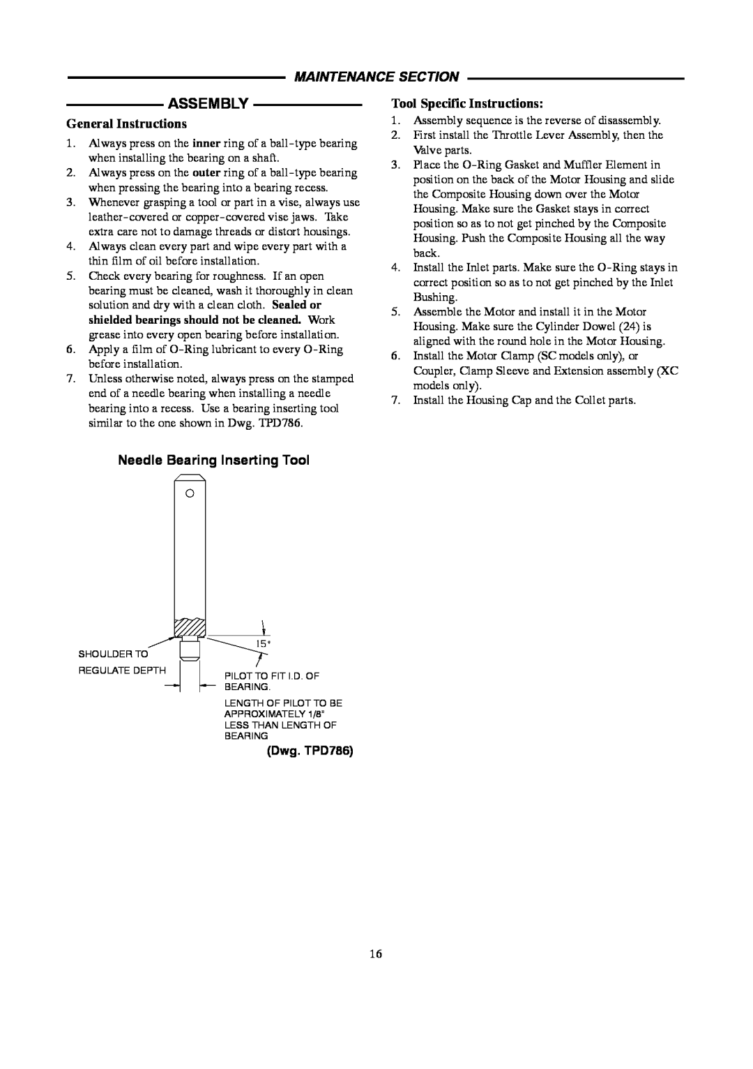 Ingersoll-Rand 4578217 Assembly, General Instructions, Needle Bearing Inserting Tool, Dwg. TPD786, Maintenance Section 
