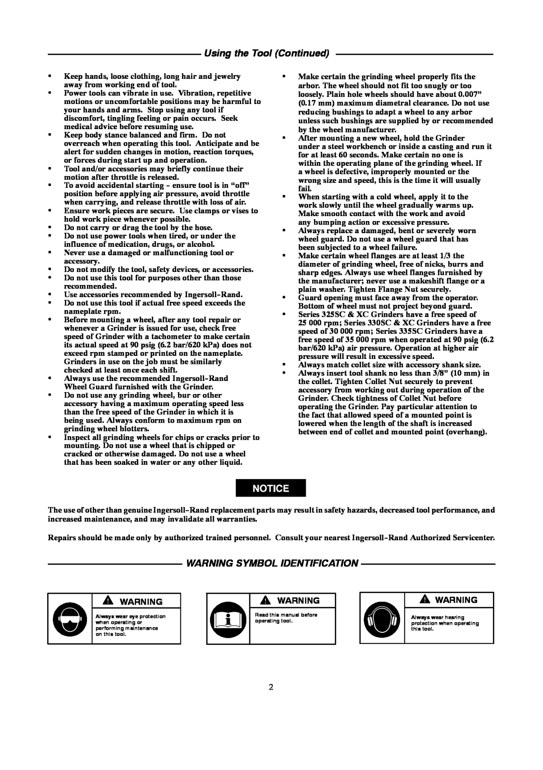 Ingersoll-Rand 4578217 manual Using the Tool Continued, Warning Symbol Identification 