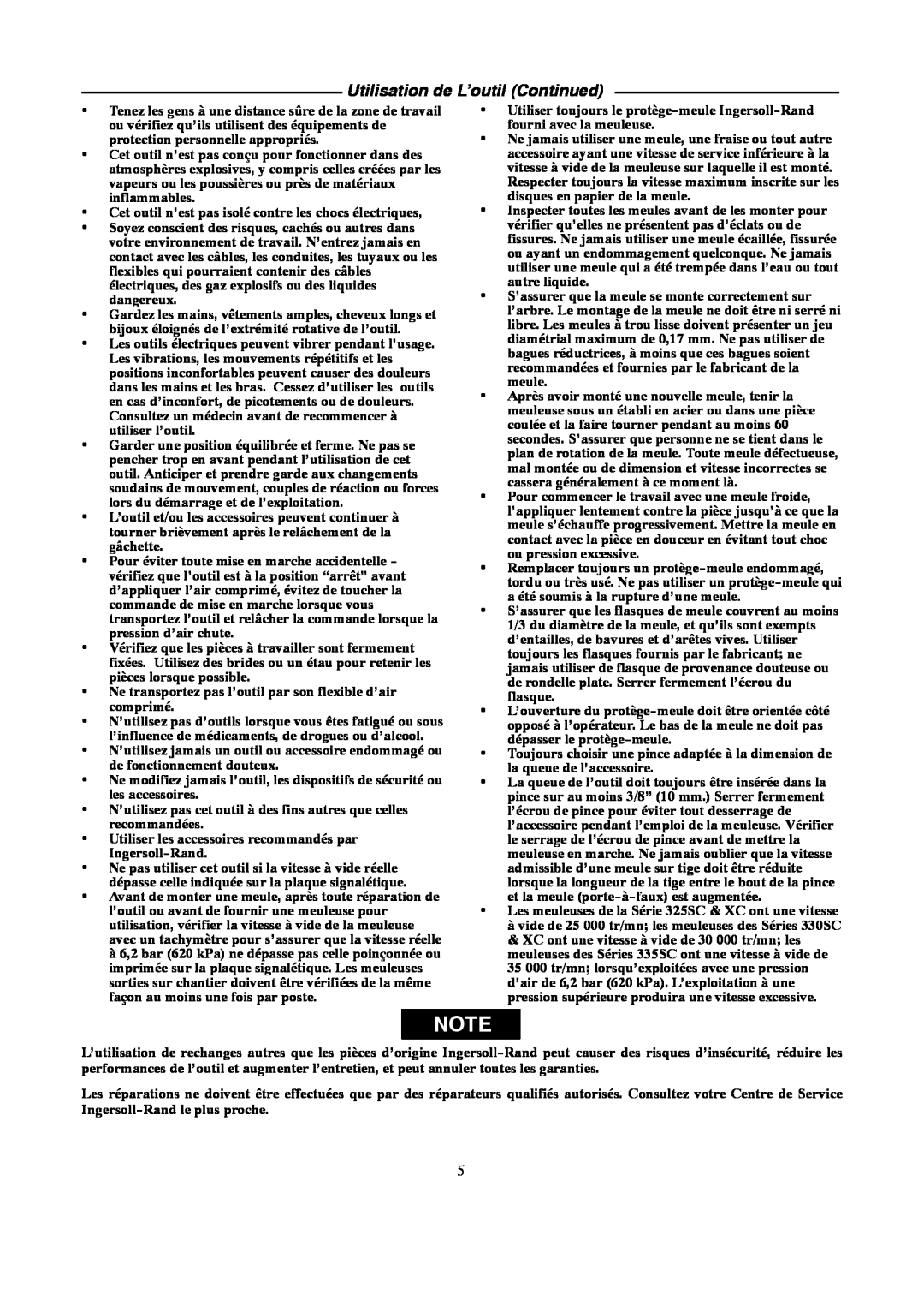 Ingersoll-Rand 4578217 manual Utilisation de L’outil Continued 