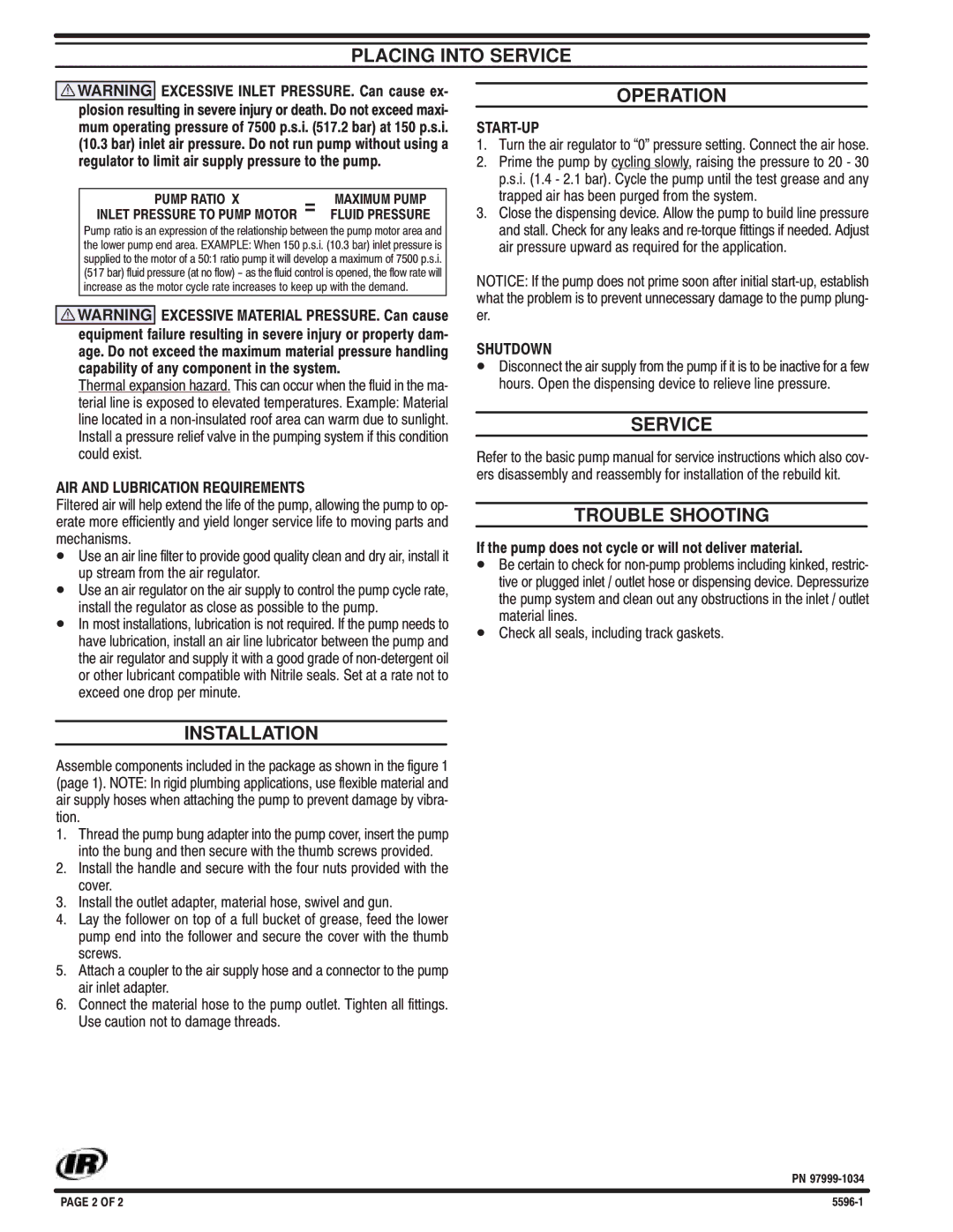 Ingersoll-Rand 5596-1 specifications Placing Into Service, Operation, Trouble Shooting, Installation 